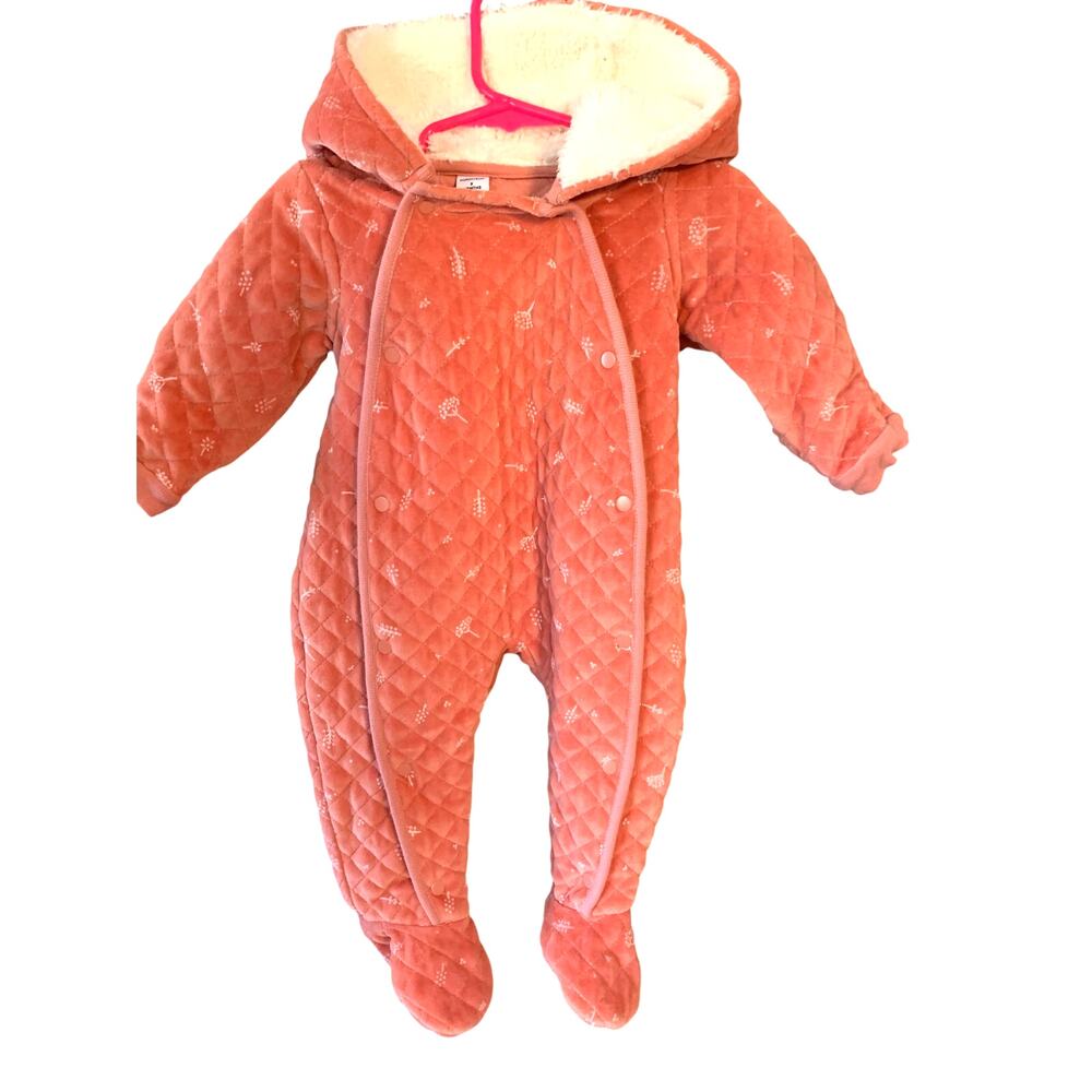 NORDSTROM BABY DESERT DOTTIE BUNTING VELOUR SNAP UP HOODED ORANGE 9 MO